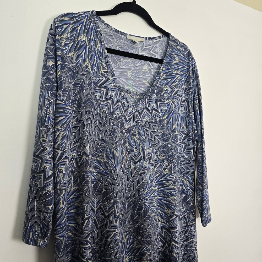 Sunny Leigh Feather Denim Print Dress Womens XL Blue A-Line Art deco - Picture 2 of 9